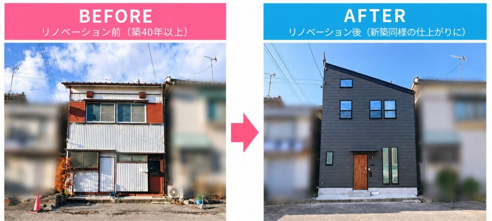 新潟市の築40年以上の住宅を全面リノベーションした外観のビフォーアフター